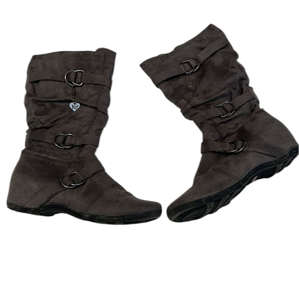 Shiekh sz9 grey comfy faux suede “Savannah” side zip strappy boots EUC No box